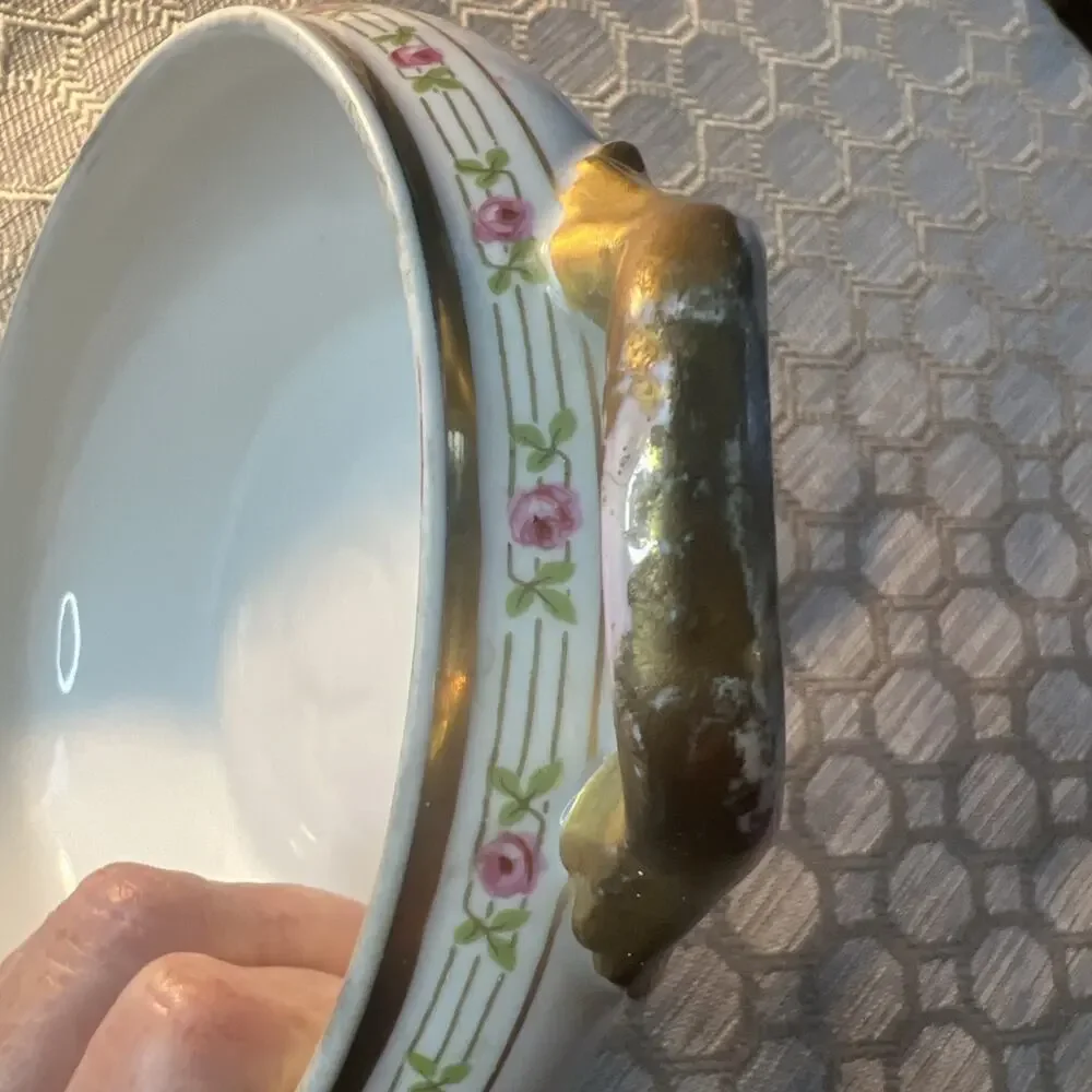 Antique M. Redon Limoges RDN10 Veggie Serving Dish 11” Gold Double Handle Rose